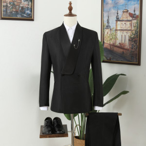 Vatasi Black Shawl Lapel Double Breasted Two Pieces Jacquard Men Suits